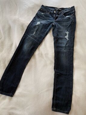 Express Dark Blue Distressed Women's Mid-Rise Jeggings